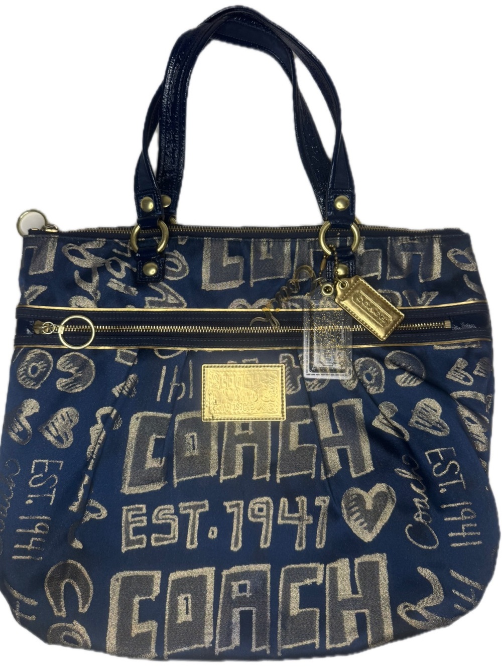 Coach Navy and Metallic Gold Signature Tote - Picture 1 of 16
